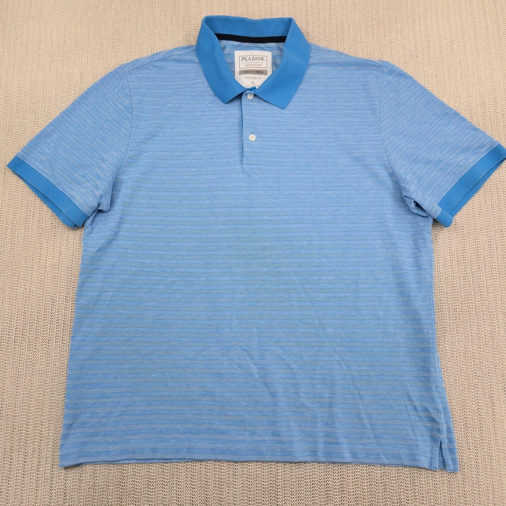 Jos A Bank Polo Shirt Mens XL Blue Stripe Traveler Travel Tech Tailored Fit